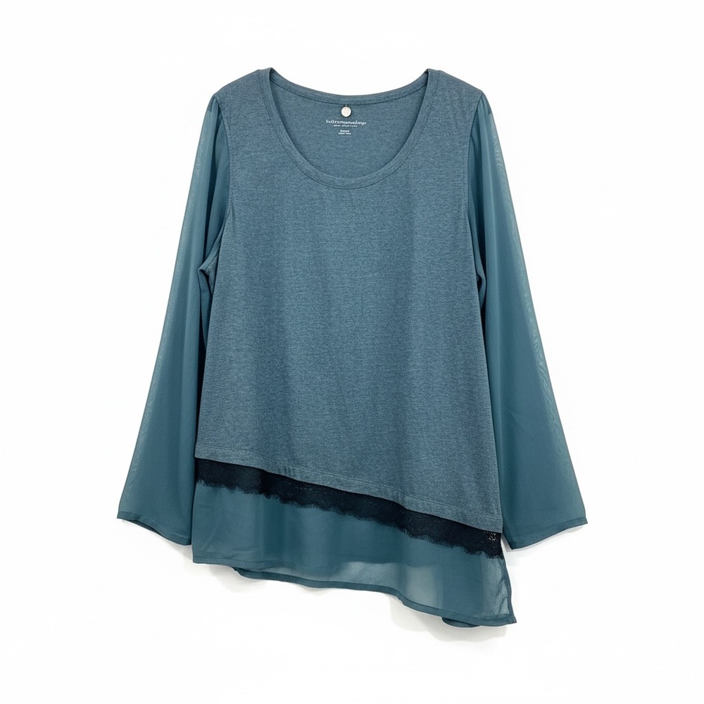 Soft Surroundings Asymmetrical Lace Hem Blouse XL Green Teal Sheer Sleeves Layer